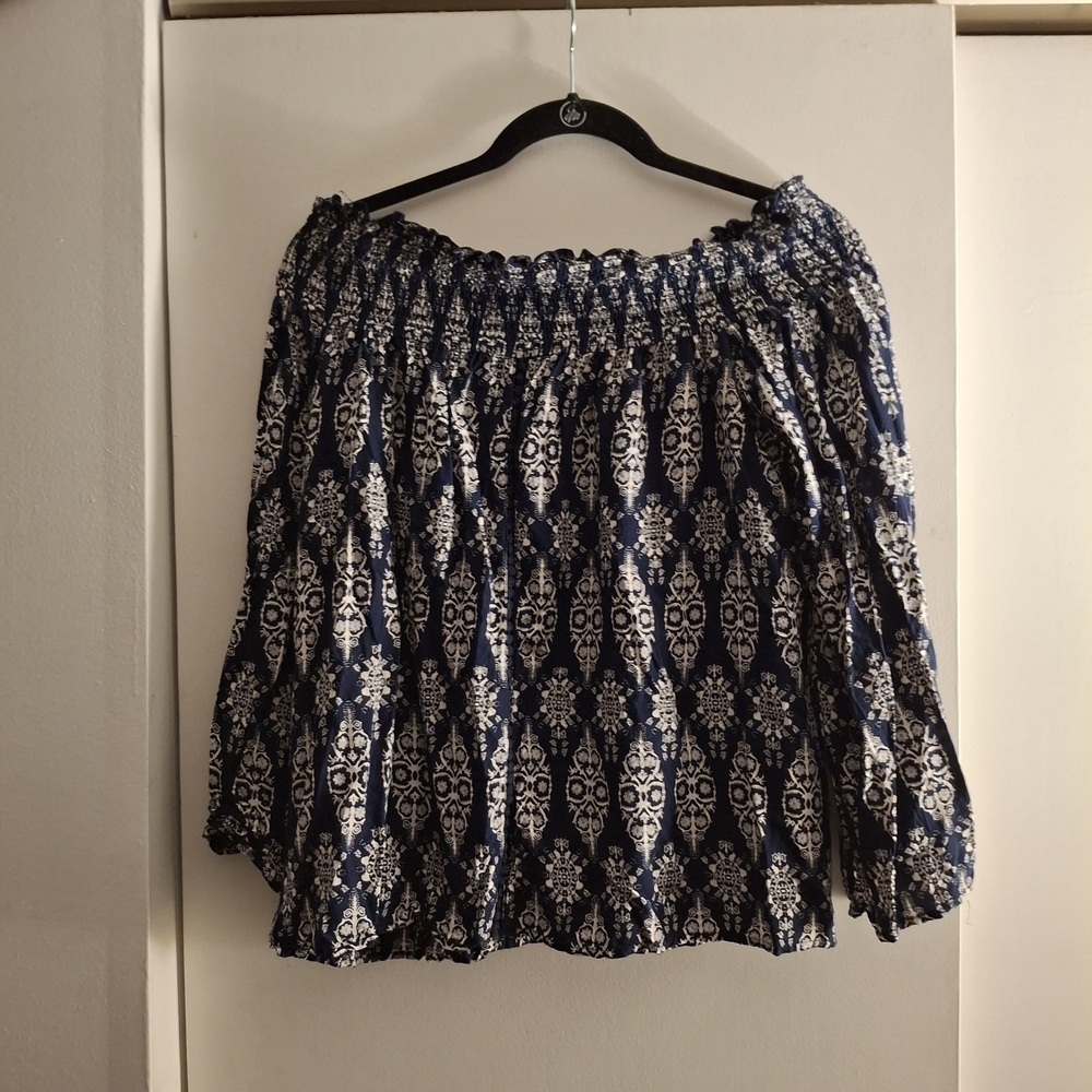 Society Girl Women's Navy Blue and White Smocked Off The Shoulder Blouse